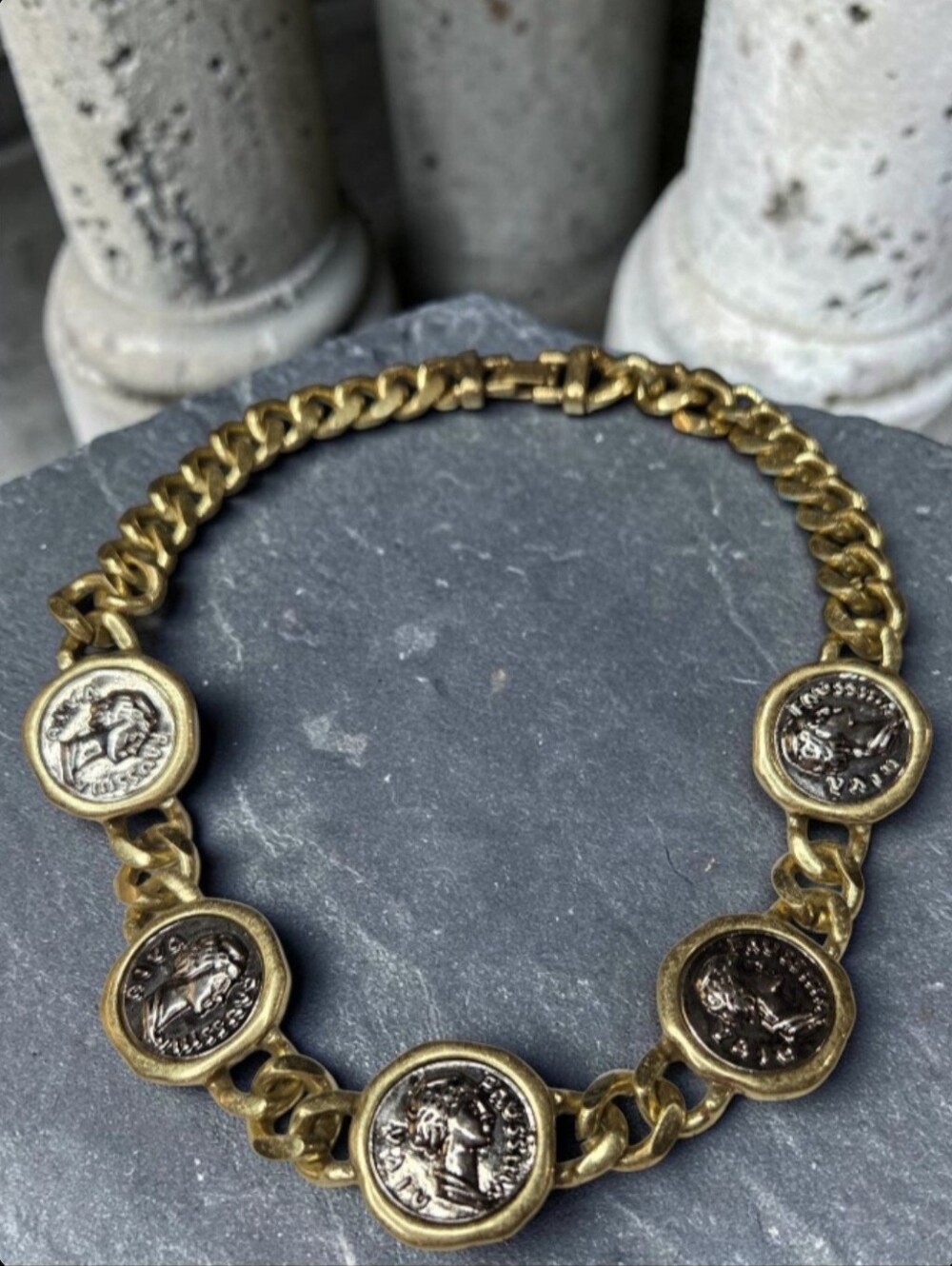 Ancient Coin 2 Tone Chunky Weighty Heavy Matte Gold Choker Statement Necklace